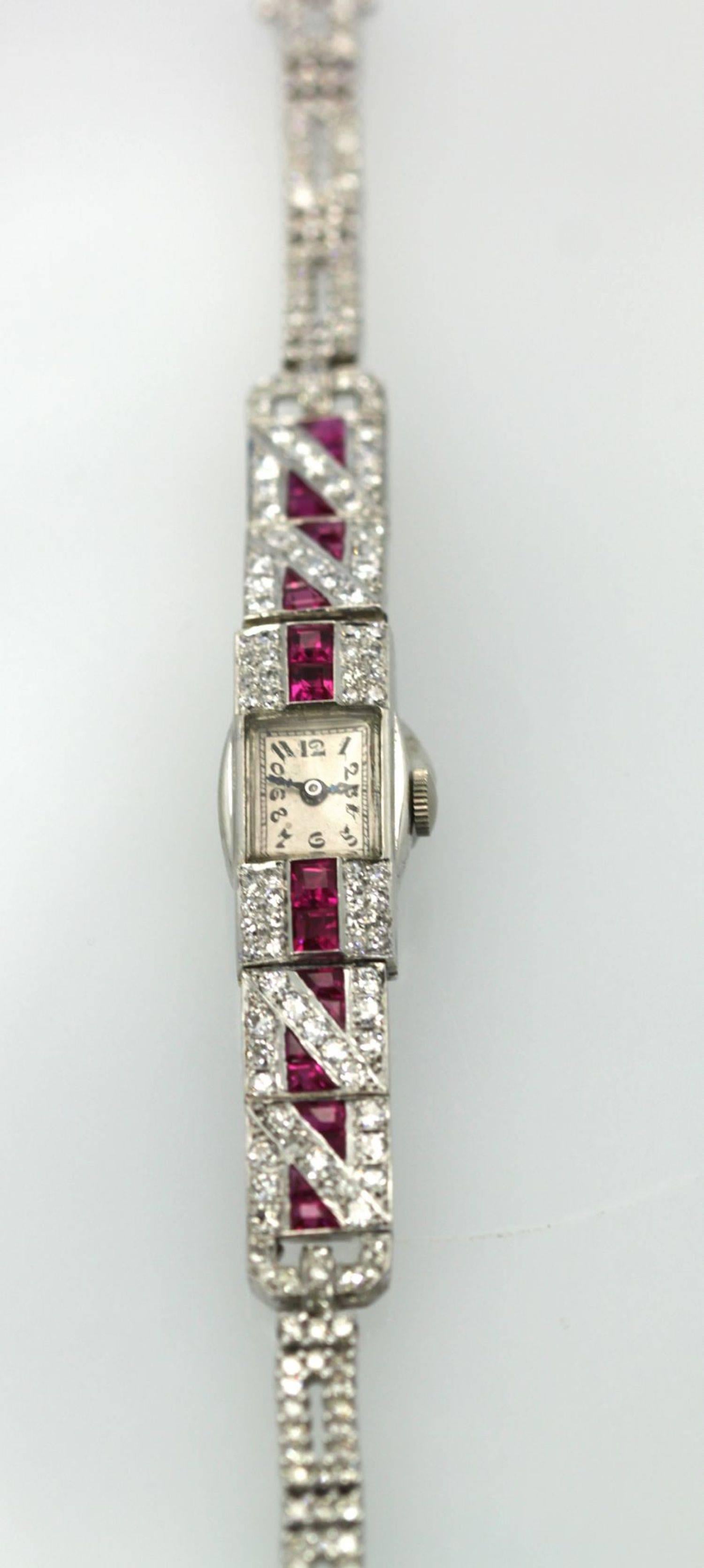 Baguette Cut Ladies Platinum Diamond Ruby Art Deco Bracelet Wristwatch