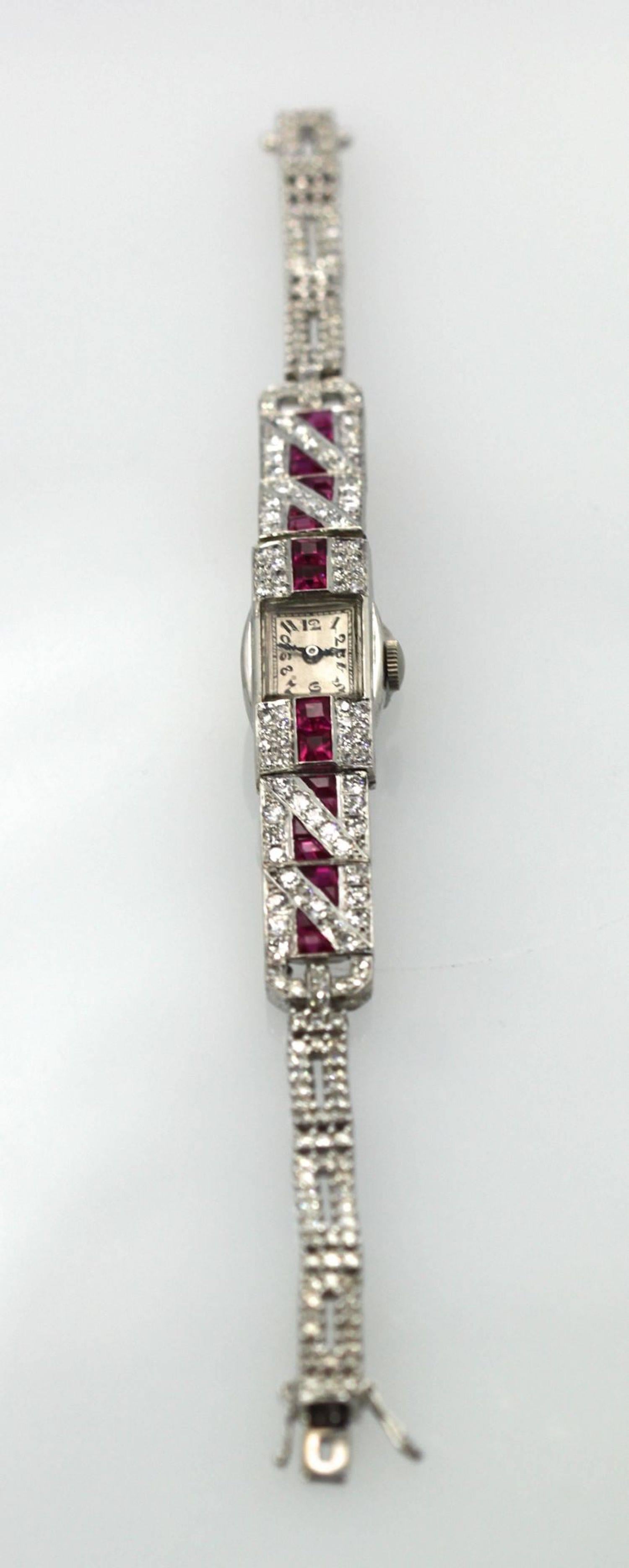 Ladies Platinum Diamond Ruby Art Deco Bracelet Wristwatch In Good Condition In North Hollywood, CA