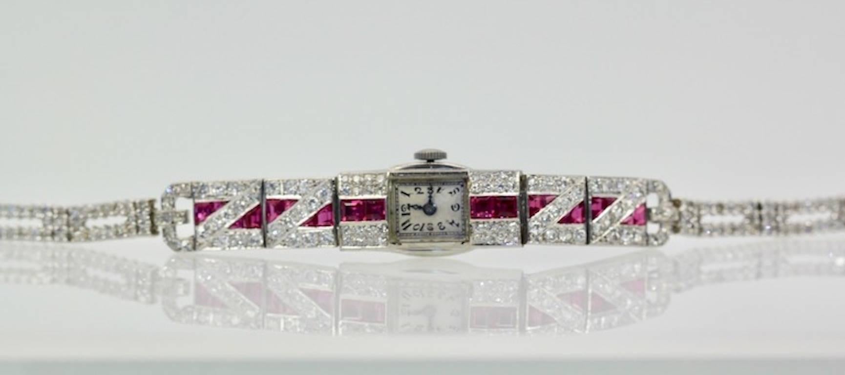 Women's or Men's Ladies Platinum Diamond Ruby Art Deco Bracelet Wristwatch