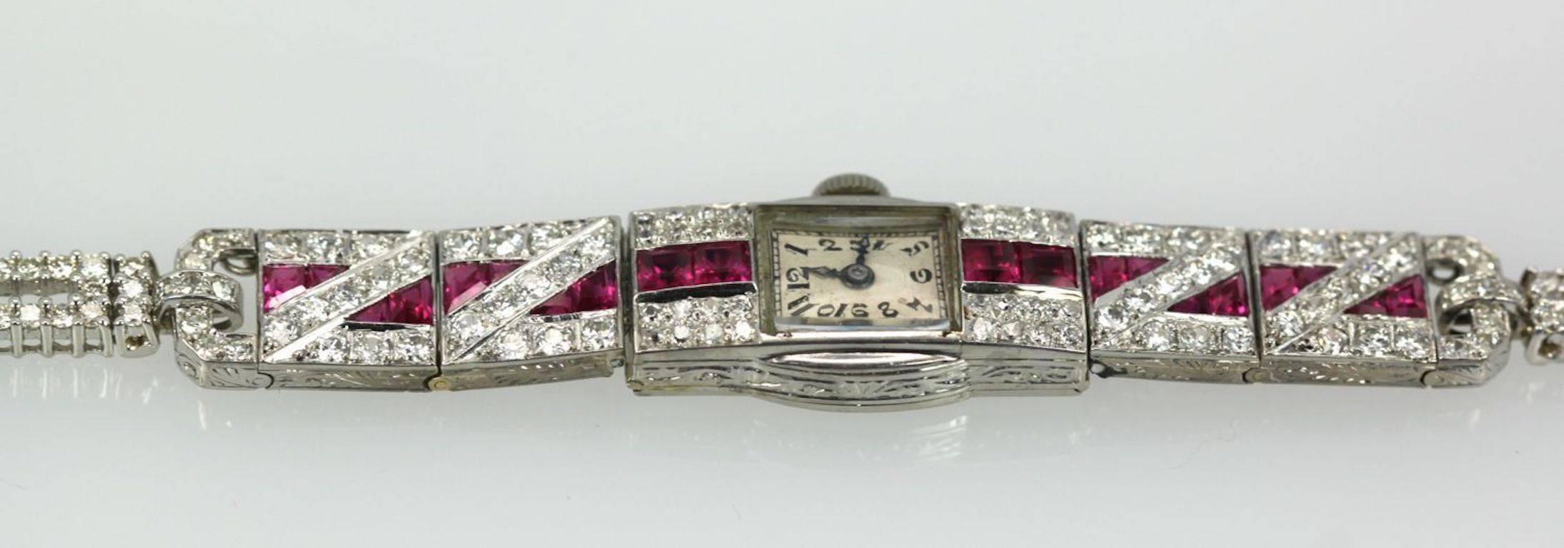 Ladies Platinum Diamond Ruby Art Deco Bracelet Wristwatch 1