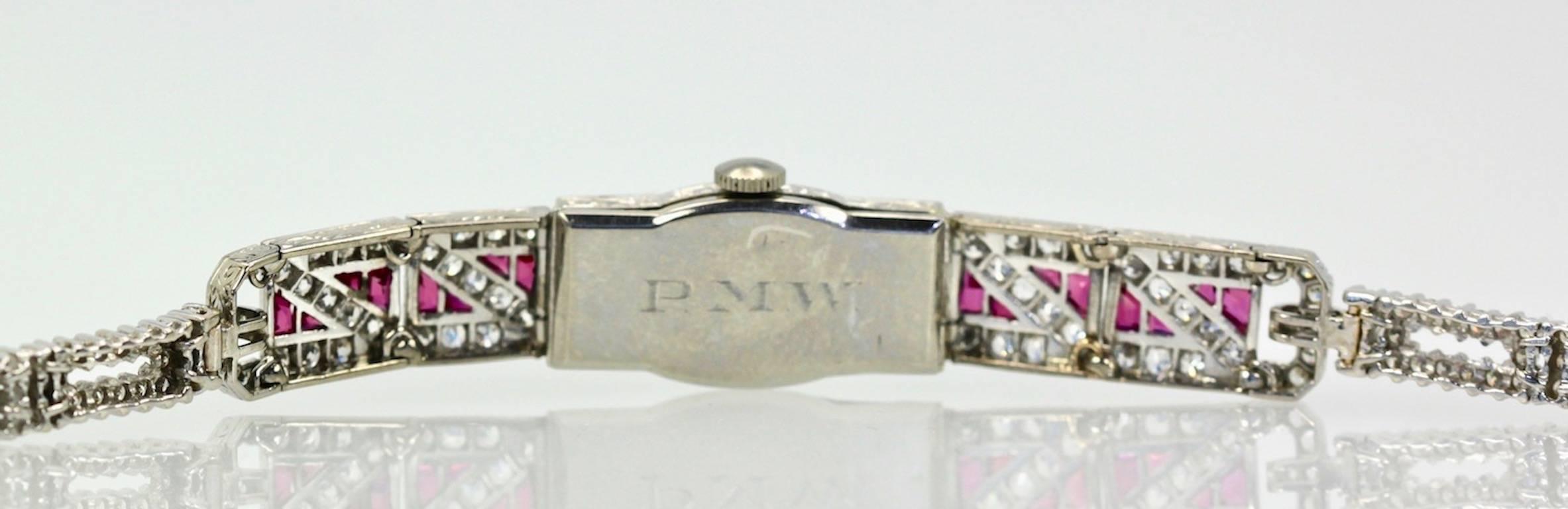 Ladies Platinum Diamond Ruby Art Deco Bracelet Wristwatch 2