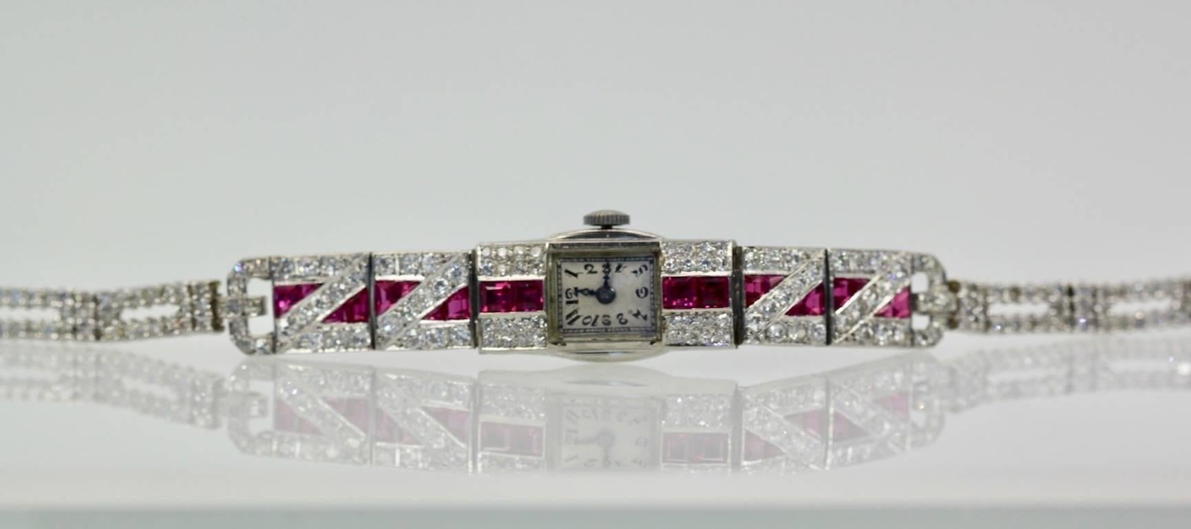 Ladies Platinum Diamond Ruby Art Deco Bracelet Wristwatch 3