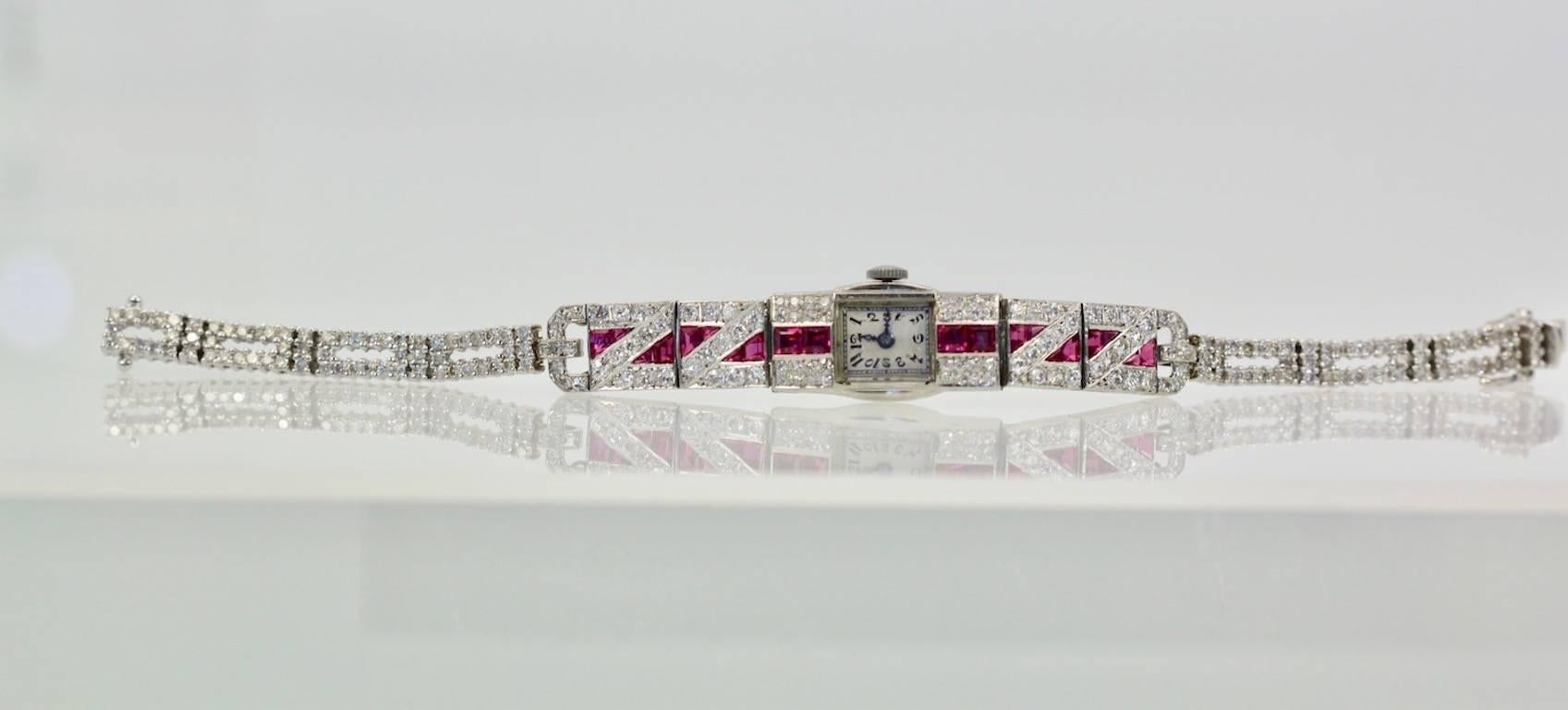Ladies Platinum Diamond Ruby Art Deco Bracelet Wristwatch 4