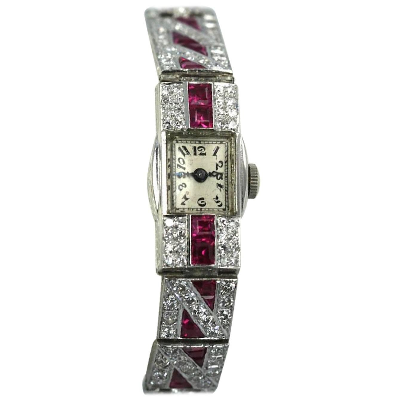 Ladies Platinum Diamond Ruby Art Deco Bracelet Wristwatch