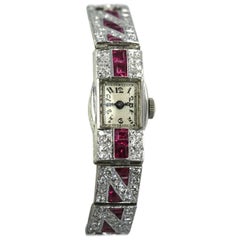 Antique Ladies Platinum Diamond Ruby Art Deco Bracelet Wristwatch