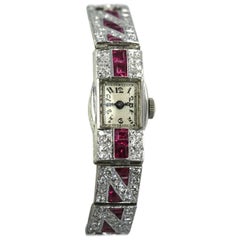 Ladies Platinum Diamond Ruby Art Deco Bracelet Wristwatch