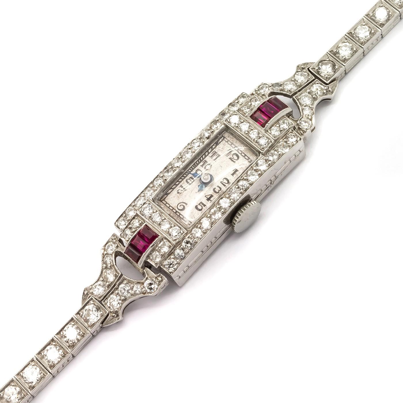 Women's Ladies Platinum Diamond Ruby Manual Wind Wristwatch