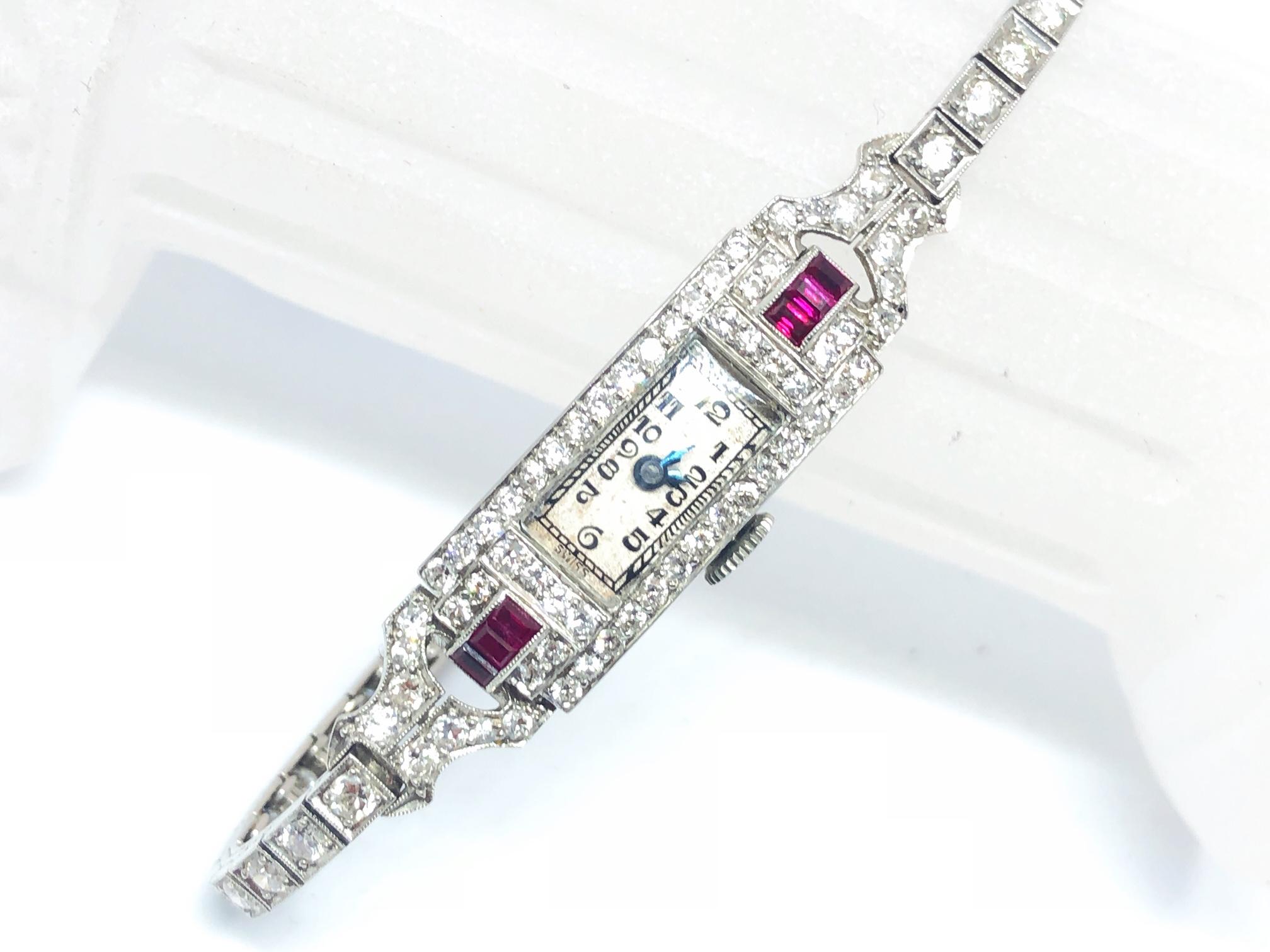 Ladies Platinum Diamond Ruby Manual Wind Wristwatch 2