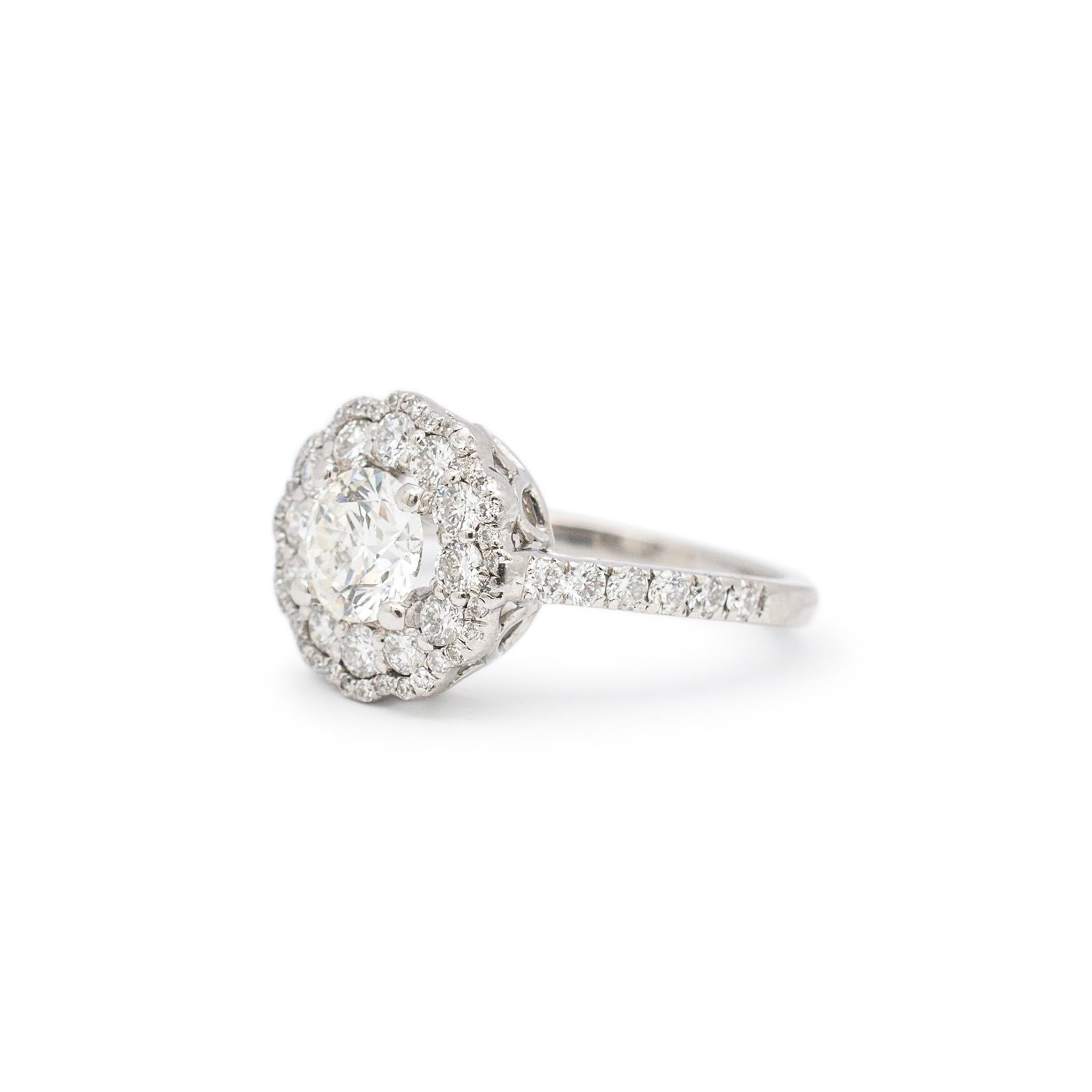 Round Cut Ladies Platinum Double Halo Diamond Engagement Ring For Sale