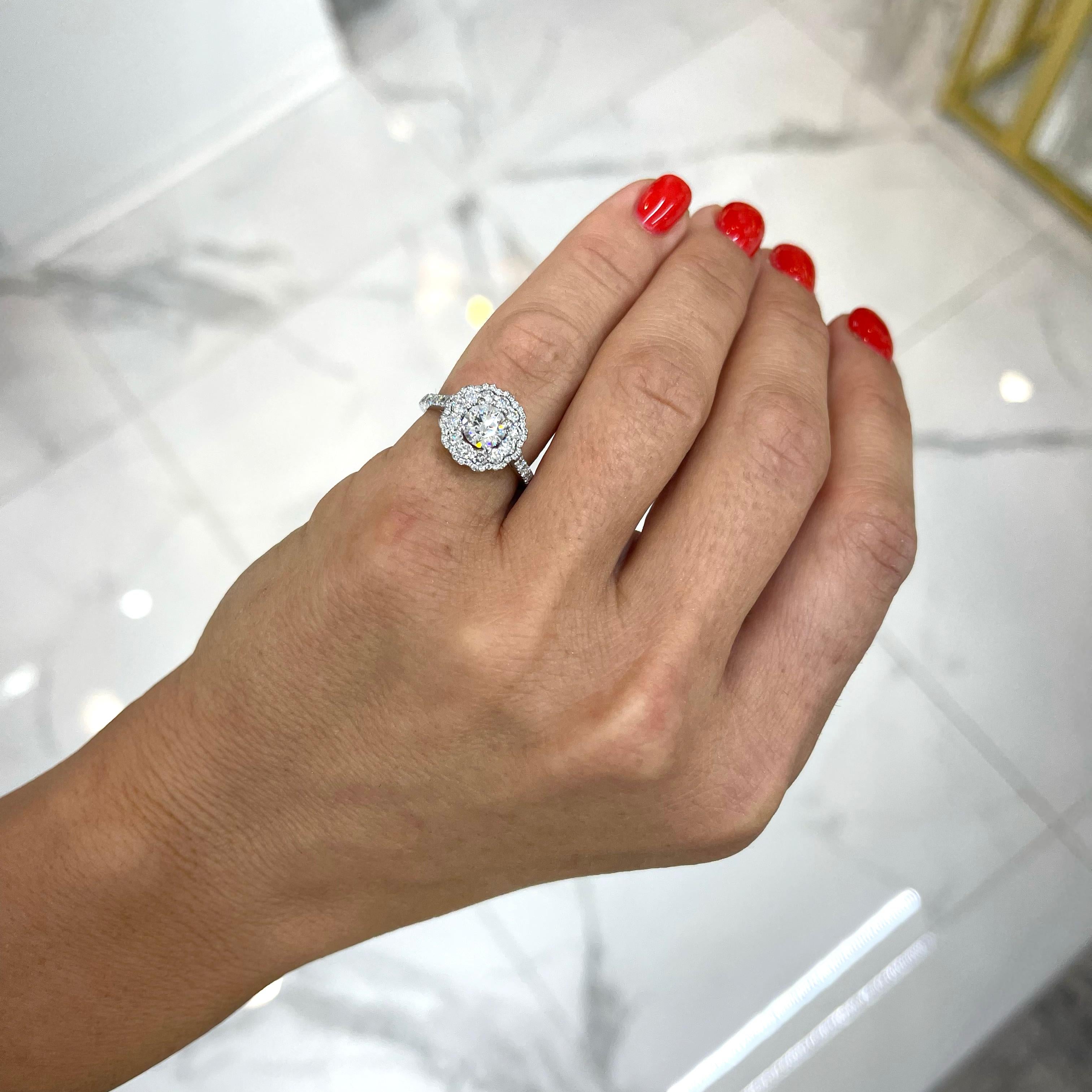 Ladies Platinum Double Halo Diamond Engagement Ring For Sale 3