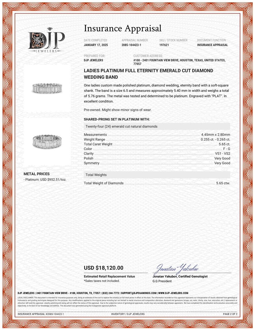Ladies Platinum Full Eternity Emerald Cut Diamond Wedding Band For Sale 2