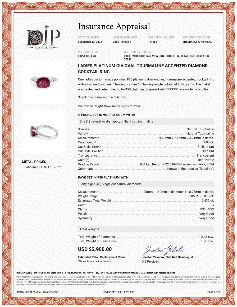 Ladies Platinum GIA Oval Tourmaline Accented Diamond Cocktail Ring 7