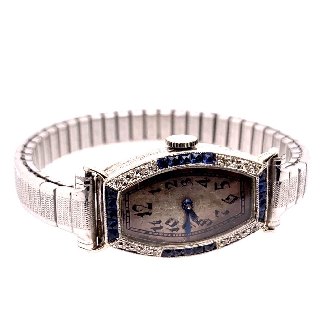 Ladies Platinum & Gold Longines Natural Diamond & Sapphire Manual Cocktail Watch In Fair Condition For Sale In Los Angeles, CA