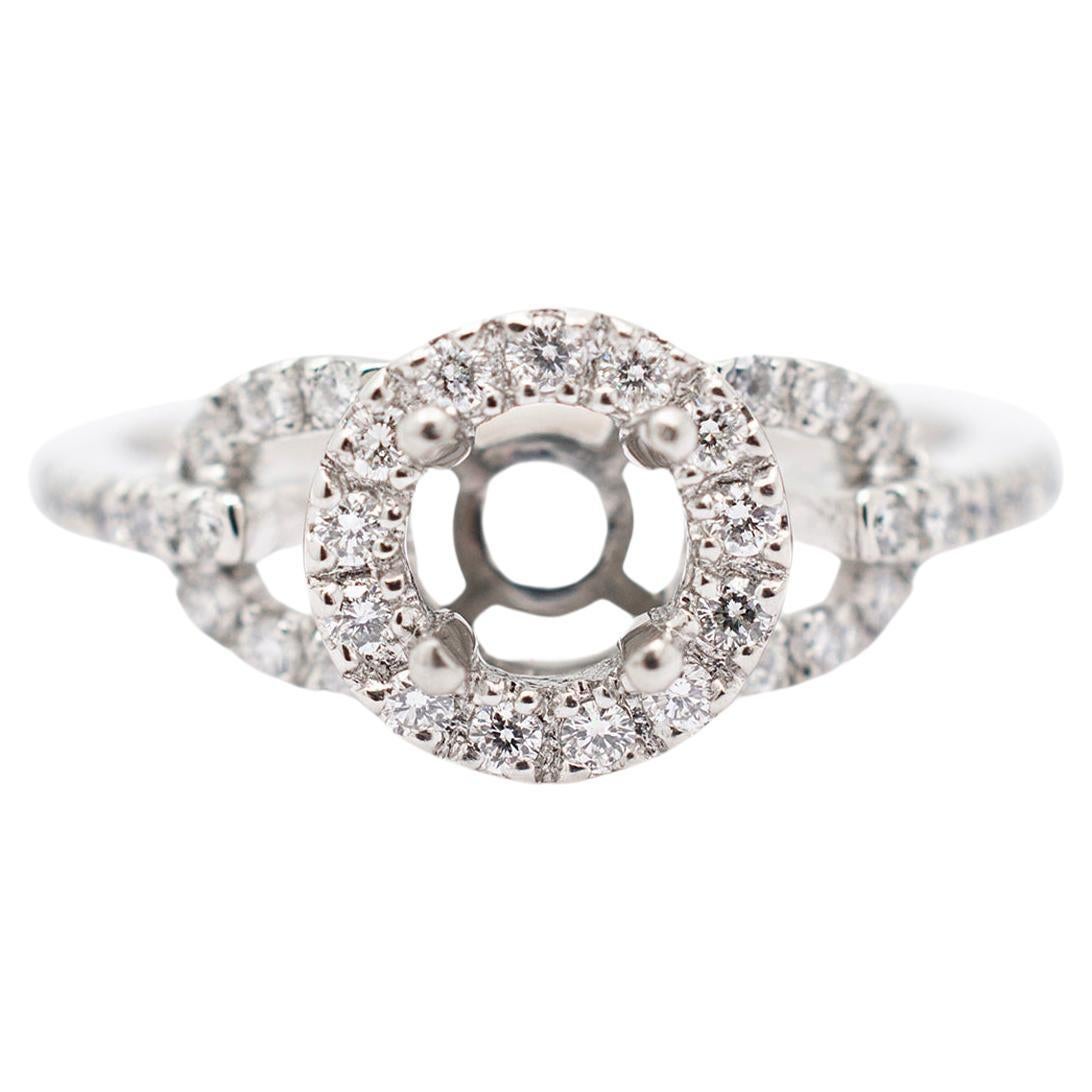 Ladies Platinum Halo Accented Diamond Round Semi Mount Engagement Ring