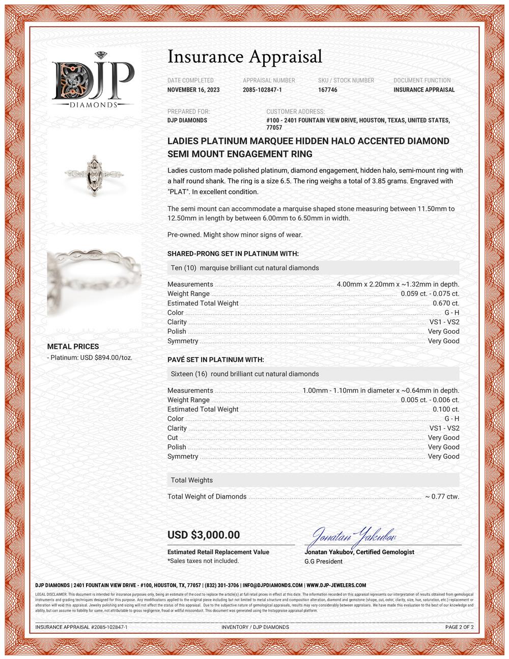 Ladies Platinum Marquee Hidden Halo Accented Diamond Semi Mount Engagement Ring For Sale 2
