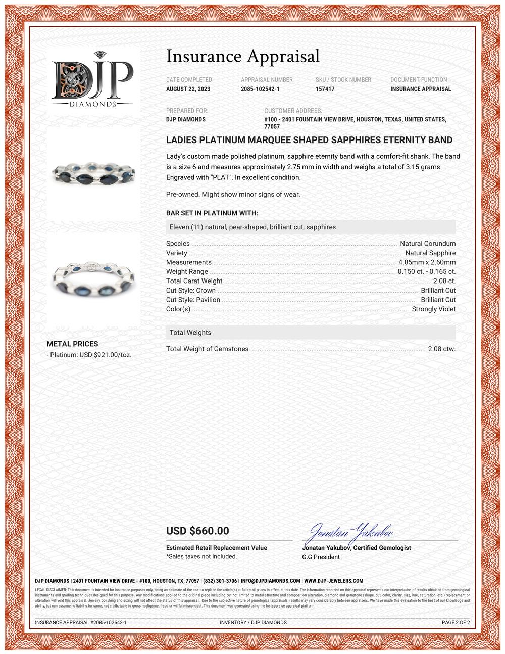 Ladies Platinum Marquee Shaped Sapphires Eternity Band 3