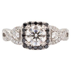 Ladies Platinum Round Diamond Halo Black Diamond Twisted Shank Engagement Ring