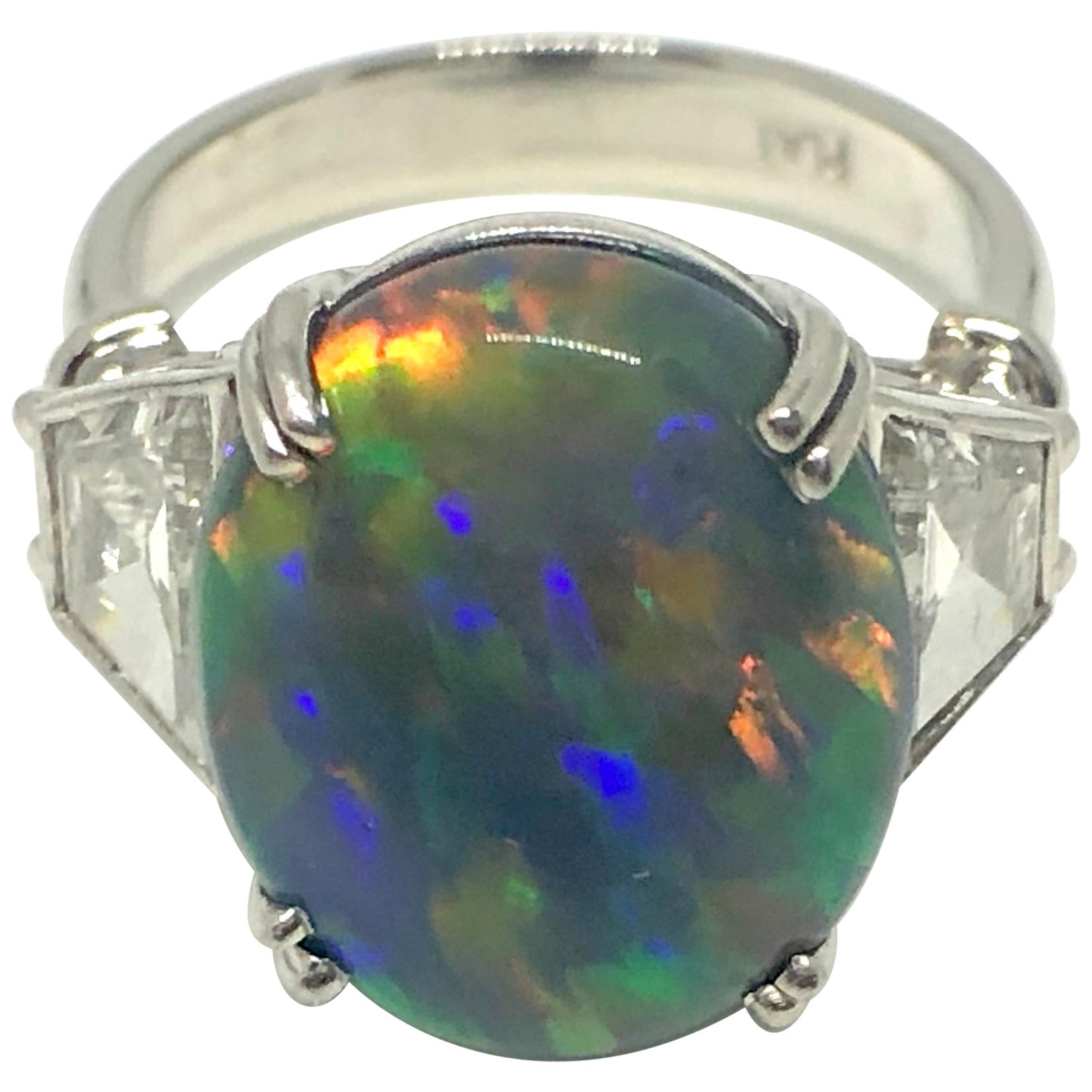 Ladies Platinum Vibrant Black Opal and Diamond Ring