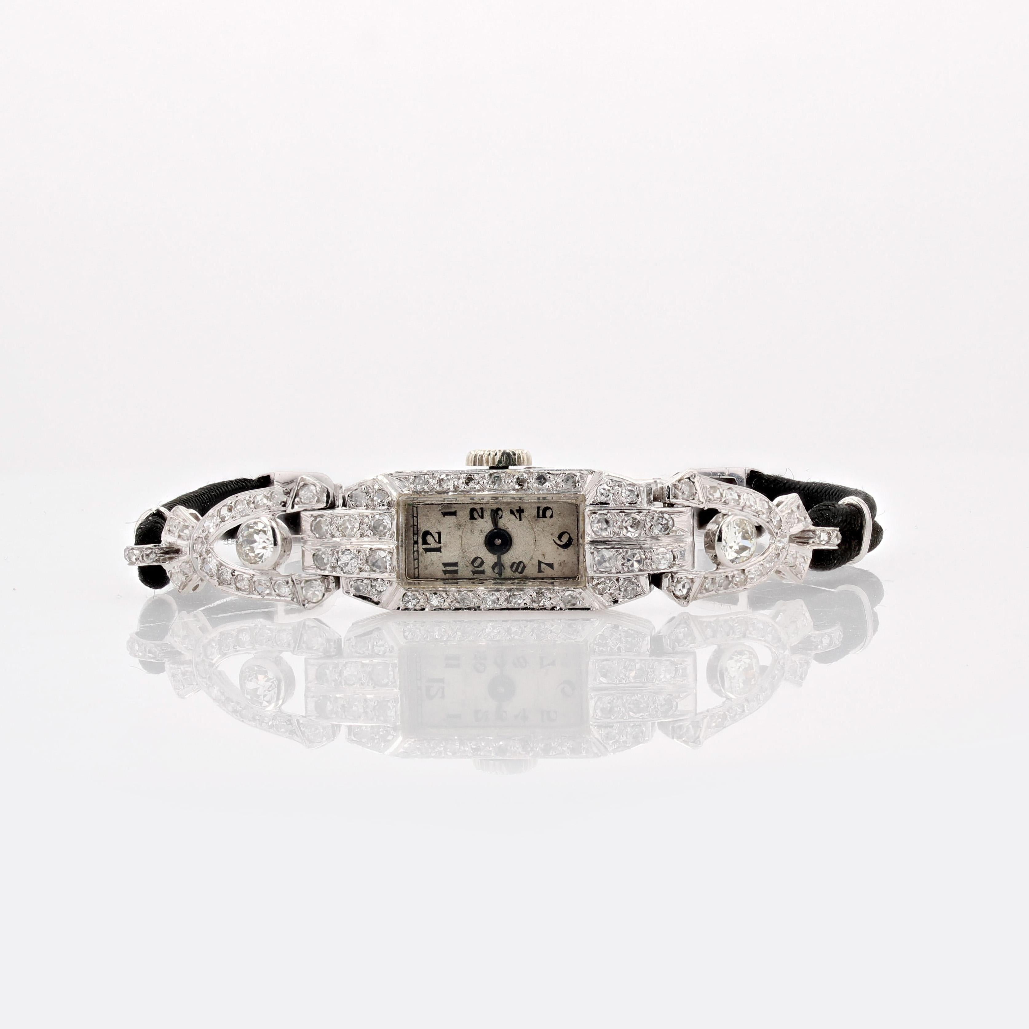 Montre-bracelet mcanique Art dco franaise en platine, or blanc et diamants, pour femmes, 1925 en vente 11