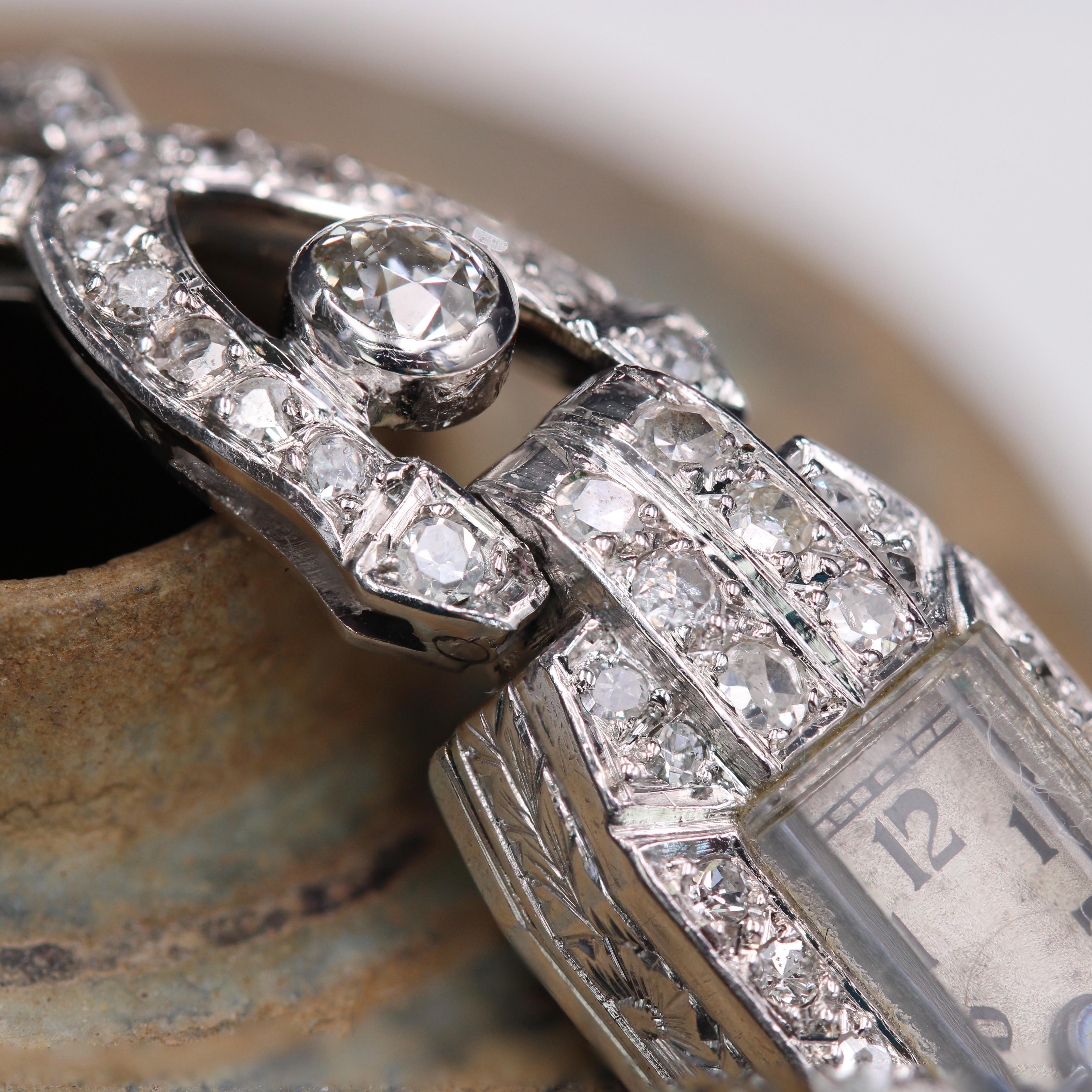 Montre-bracelet mcanique Art dco franaise en platine, or blanc et diamants, pour femmes, 1925 en vente 3