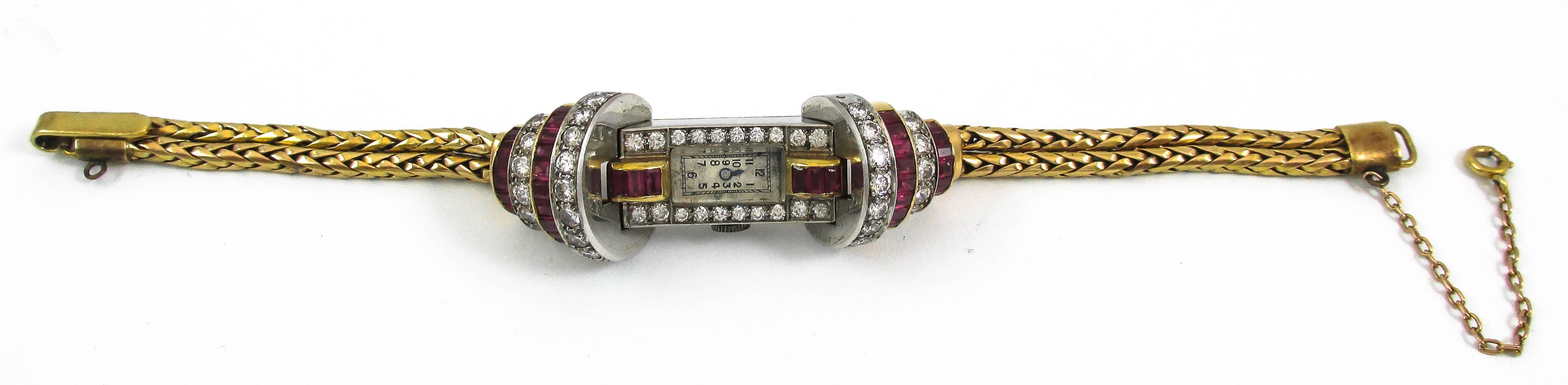 Ladies Platinum Yellow Gold Diamond Ruby Retro Wristwatch In Excellent Condition For Sale In New York, NY