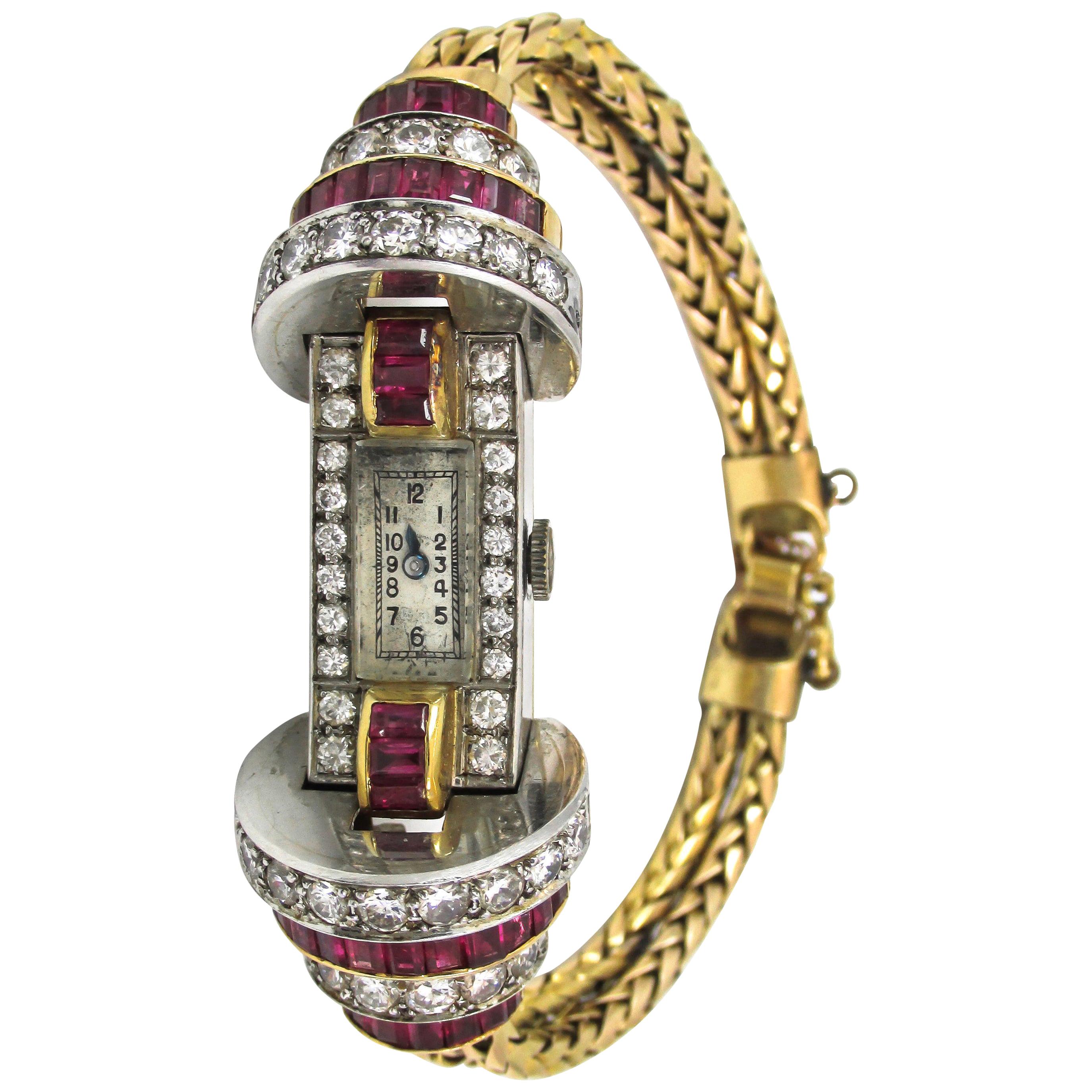 Montre-bracelet rétro pour femme en platine, or jaune, diamants et rubis