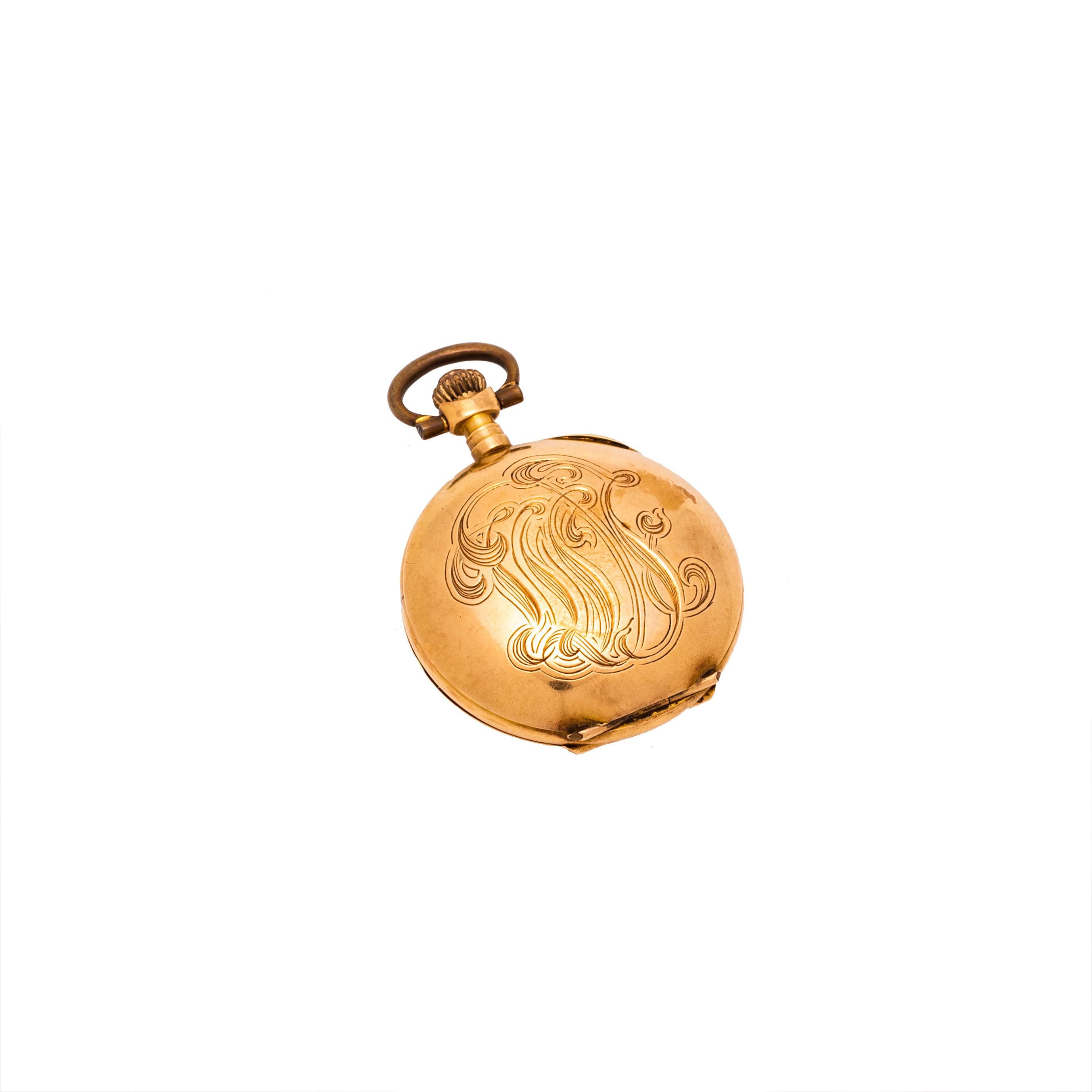 Damen Taschenuhr 18kt Gold mit Schleife Motiv auf der Vorderseite
funktioniert nicht
3 cm breit