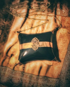 Ladies Purse Hard Shell Black Clutch Brass Ornaments, 1930s