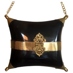 Ladies Purse Hard Shell Black Clutch Brass Ornaments, 1930s