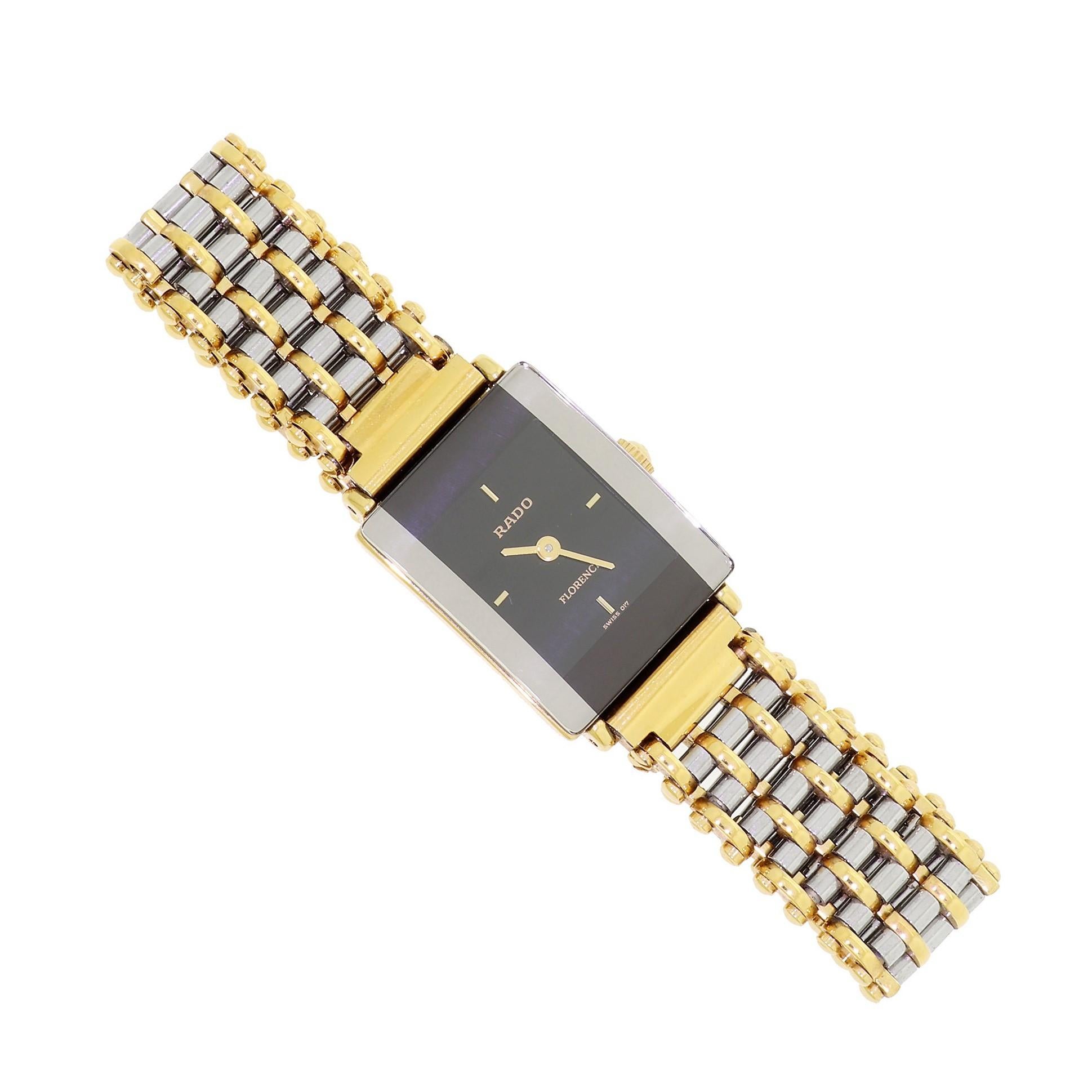 Vintage ladies RADO Florence wristwatch in excellent condition. This eye-catching Swiss timepiece features a slim modern design crafted from gold-plated stainless steel and extremely durable ceramic. The watch is powered by a high quality ETA