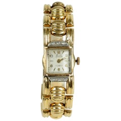 Ladies Retro 18 Karat Yellow Gold and Diamond Bracelet Watch, c1940s