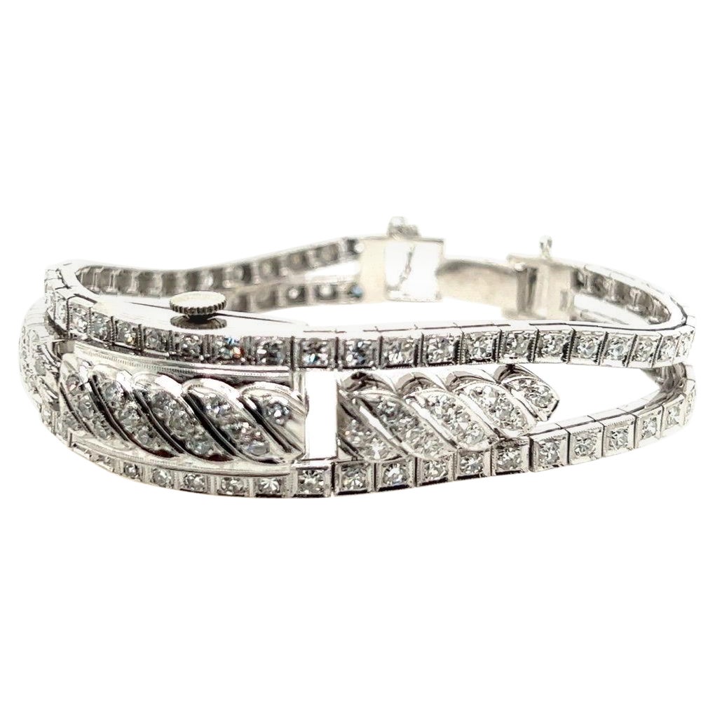 Mechanische Damenuhr, Retro, 3,66 Karat natürlicher Diamant und Gold, um 1940