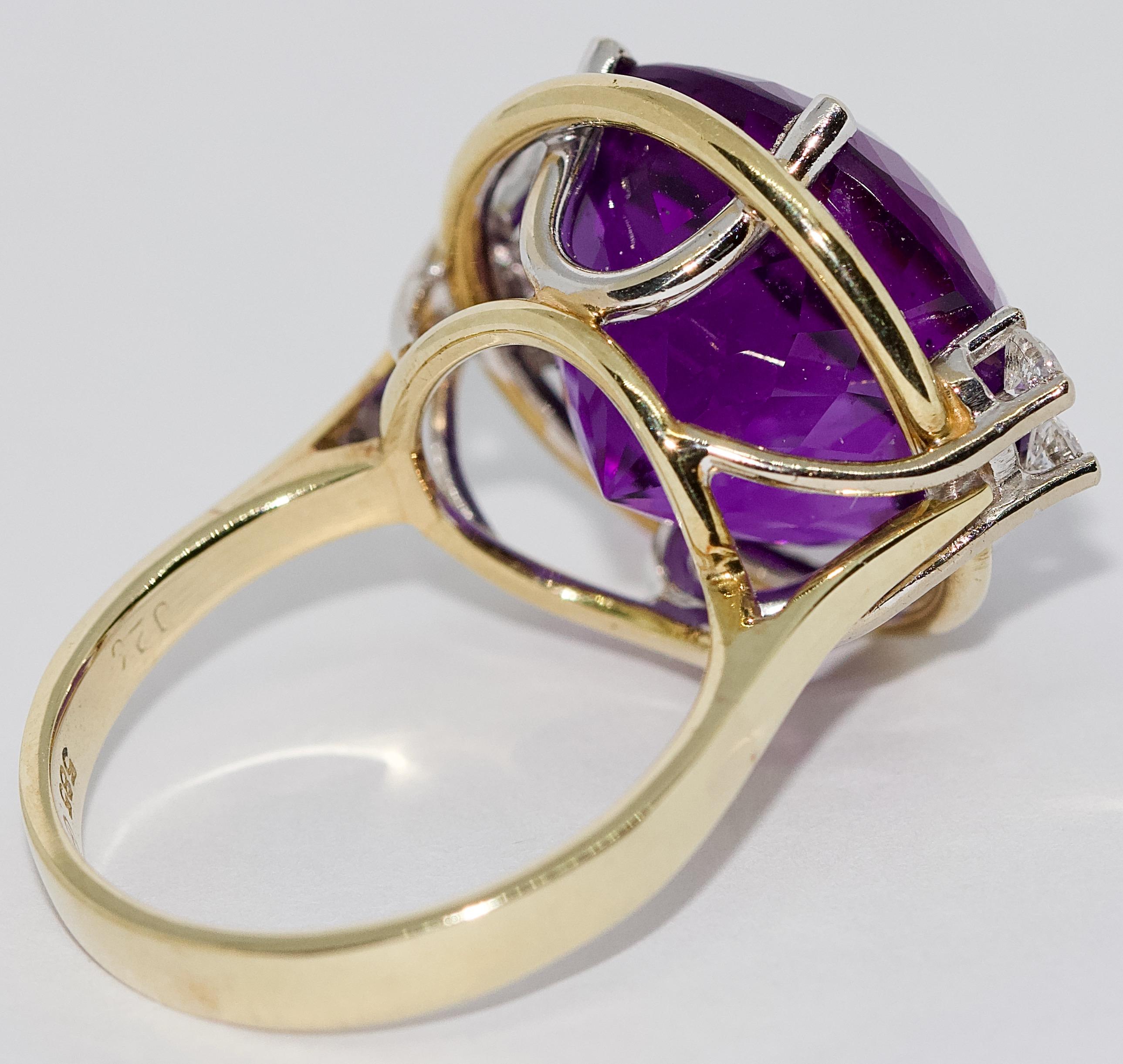 Modern Ladies Ring, 14 Karat Gold with Large Faceted Amethyst and Diamonds For Sale