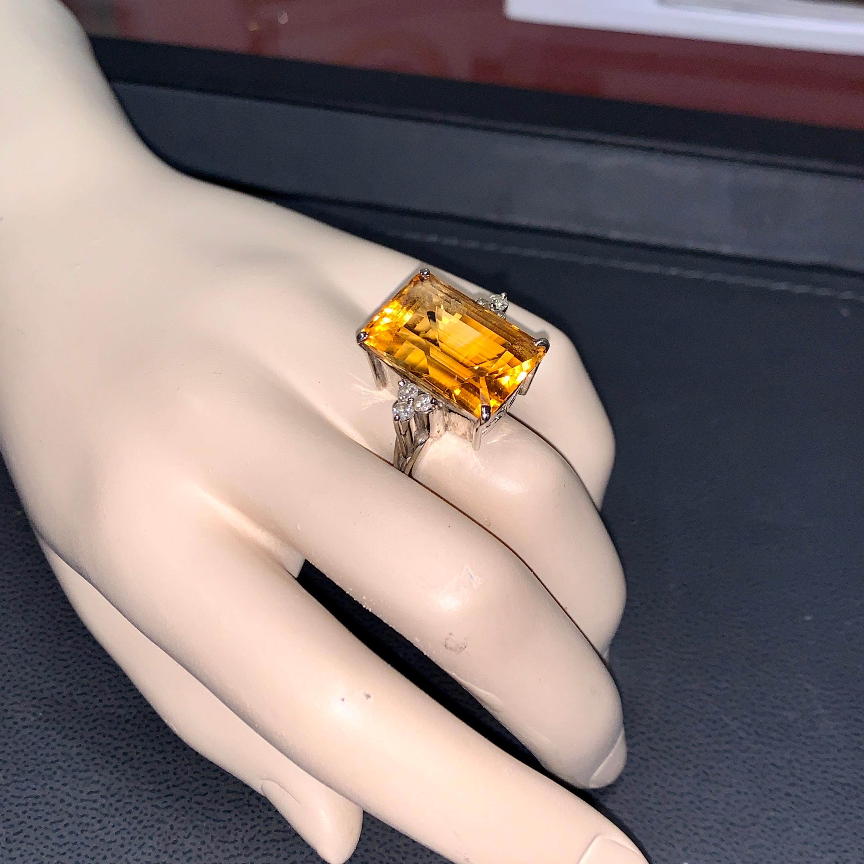 Emerald Cut Ladies Ring, 18 Karat White Gold with Large Faceted Citrine and Diamonds For Sale