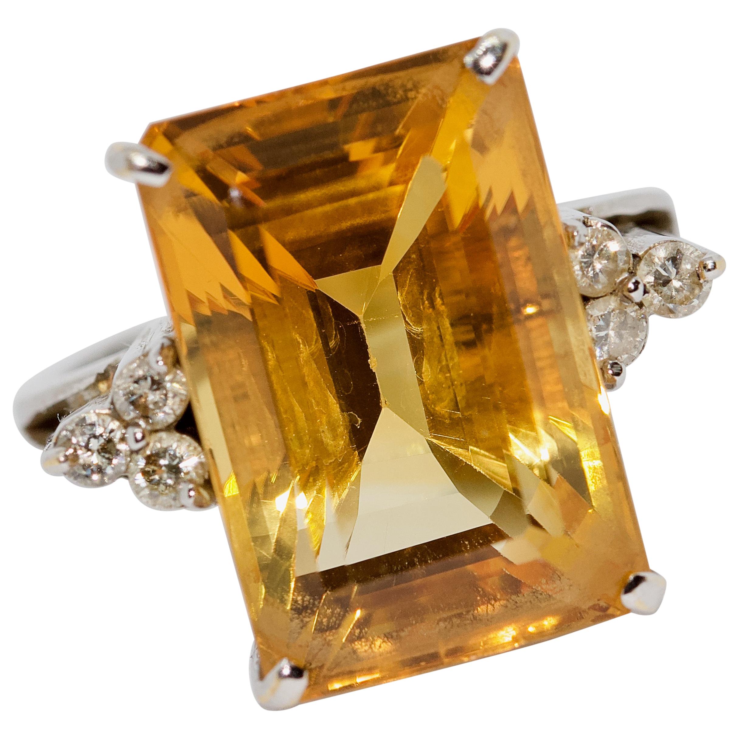 Ladies Ring, 18 Karat White Gold with Large Faceted Citrine and Diamonds For Sale