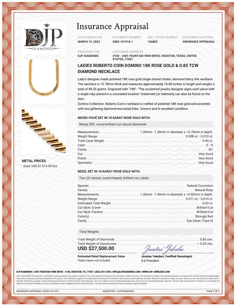 Ladies Roberto Coin Domino 18K Rose Gold & 0.85 CTW Diamond Necklace 3