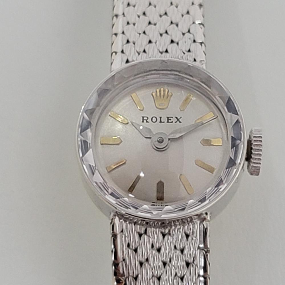 Timeless luxury, Ladies 14k solid white gold petite Rolex cocktail dress watch, c.1938, all original with original Rolex box and cloth. Verified authentic by a master watchmaker. Gorgeous Rolex signed silver dial, applied gold indice hour markers,