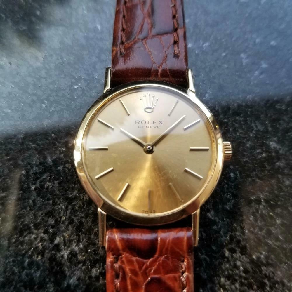 Timeless luxury, ladies 18k yellow gold Rolex Cellini Geneve ref.3600 manual wind dress watch, c.1970s. Verified authentic by a master watchmaker. Gorgeous vintage Rolex signed golden dial, aged naturally, applied Rolex crown at the 12, applied