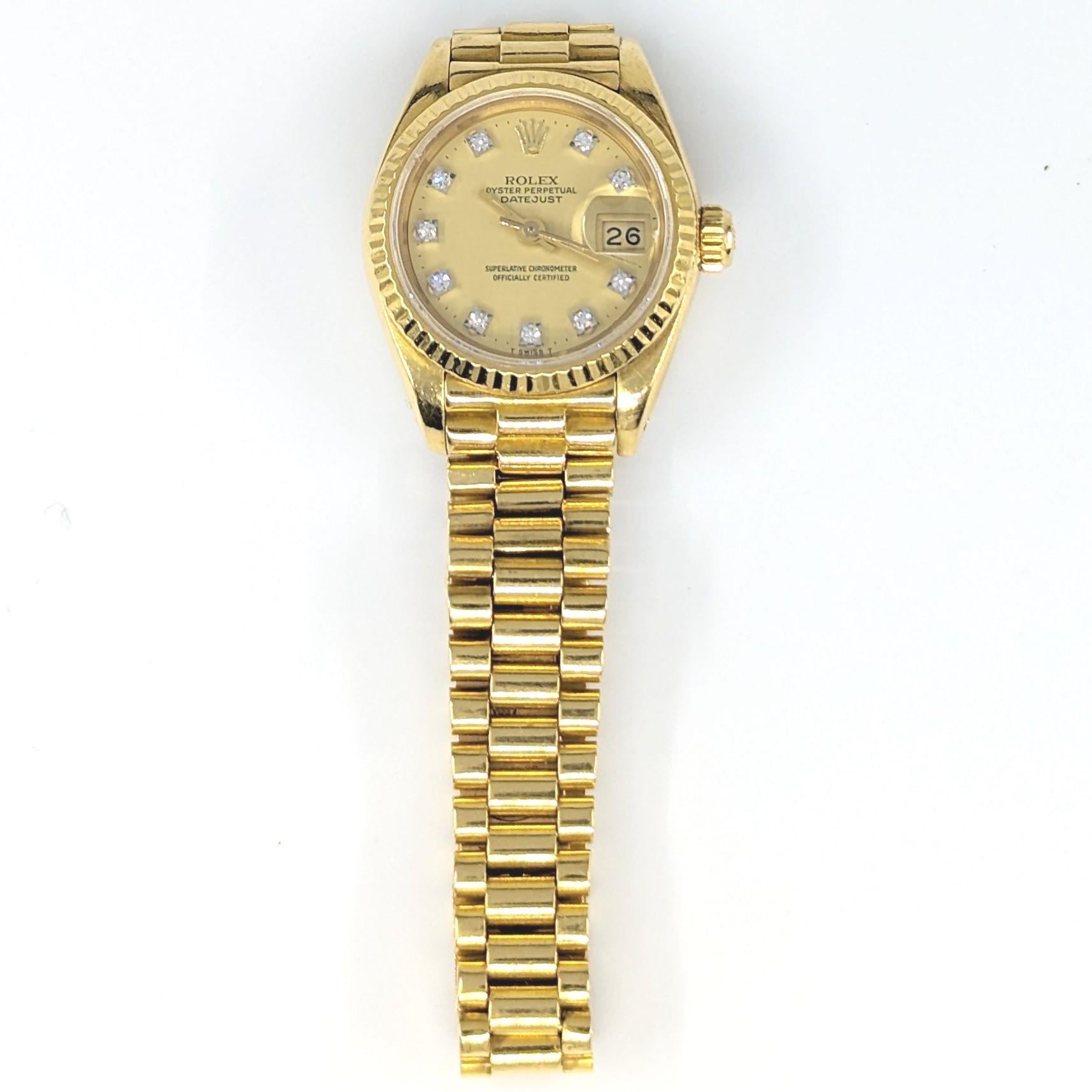 Ladies Rolex 18k Presidential Bracelet Watch Solid Gold Diamond Dial ref 69178 For Sale 4