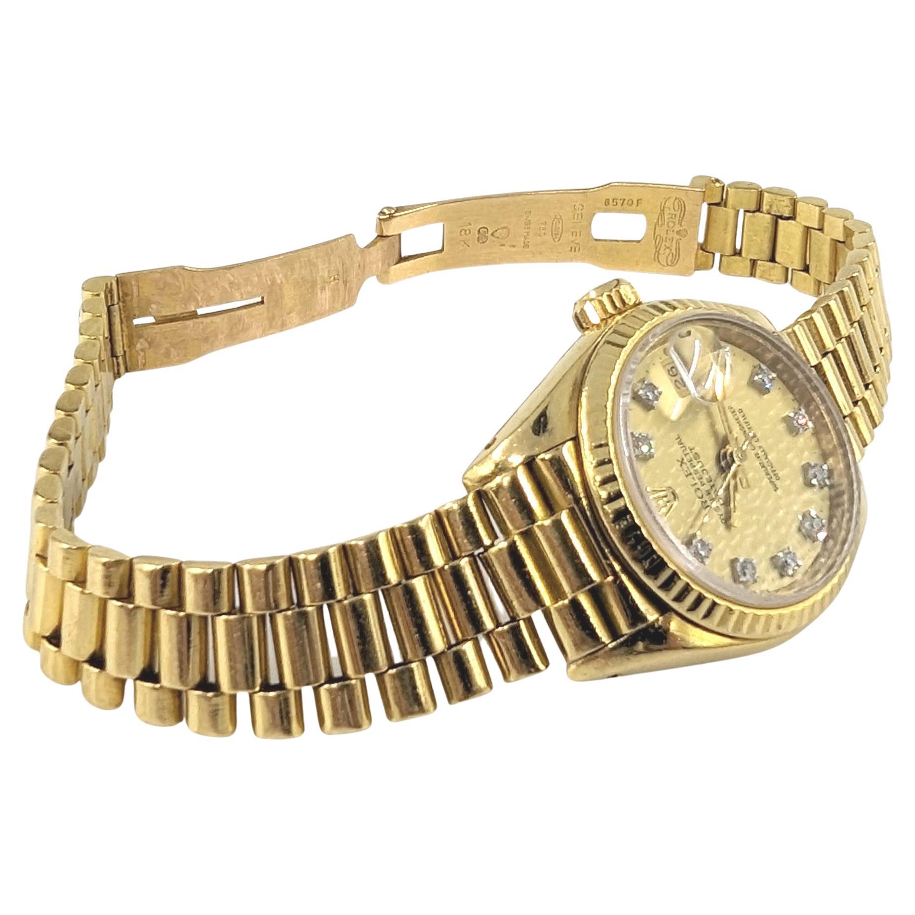 Taille ronde Montre-bracelet présidentielle Rolex 18 carats avec cadran en or massif et diamants, pour femmes, réf. 69178 en vente