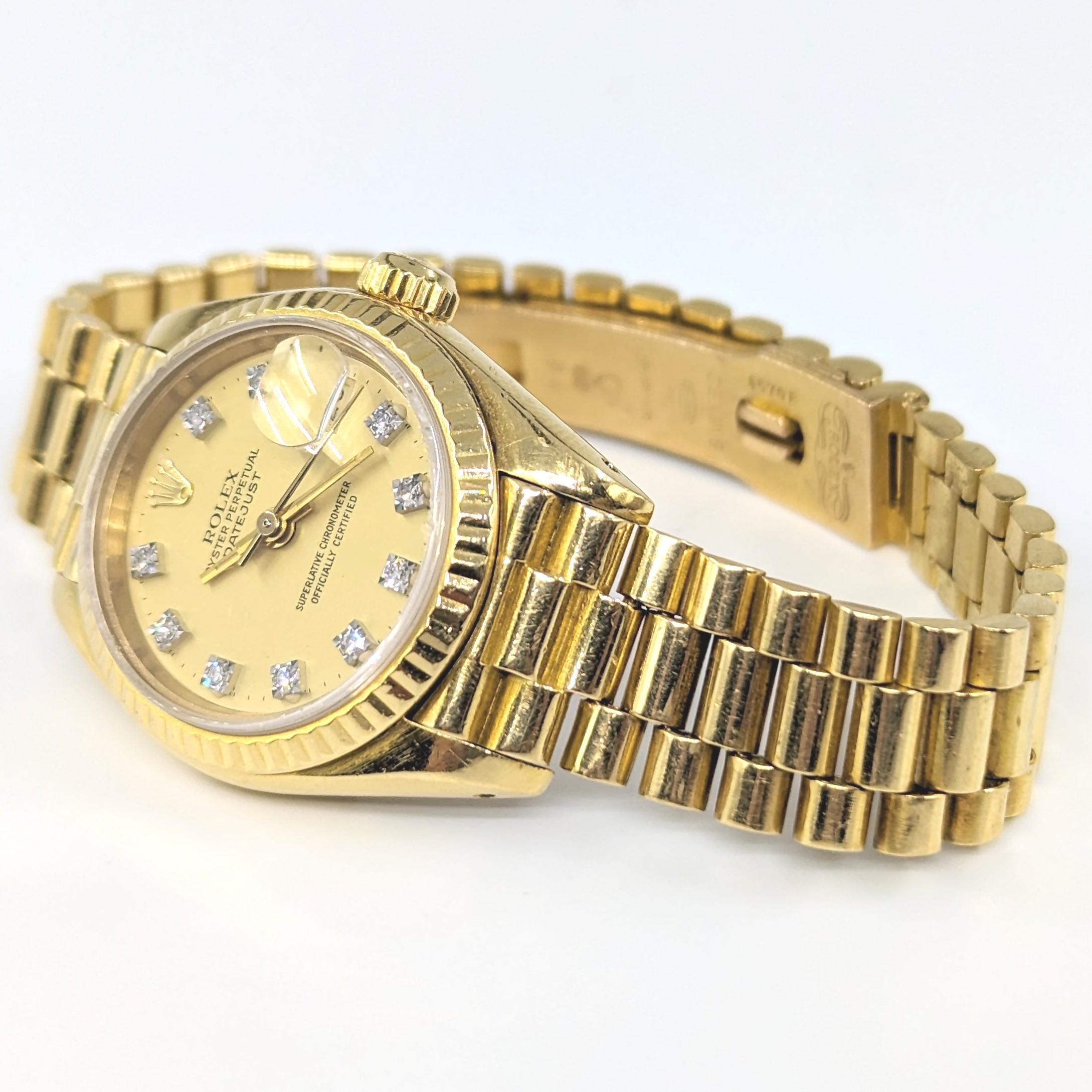 Round Cut Ladies Rolex 18k Presidential Bracelet Watch Solid Gold Diamond Dial ref 69178 For Sale