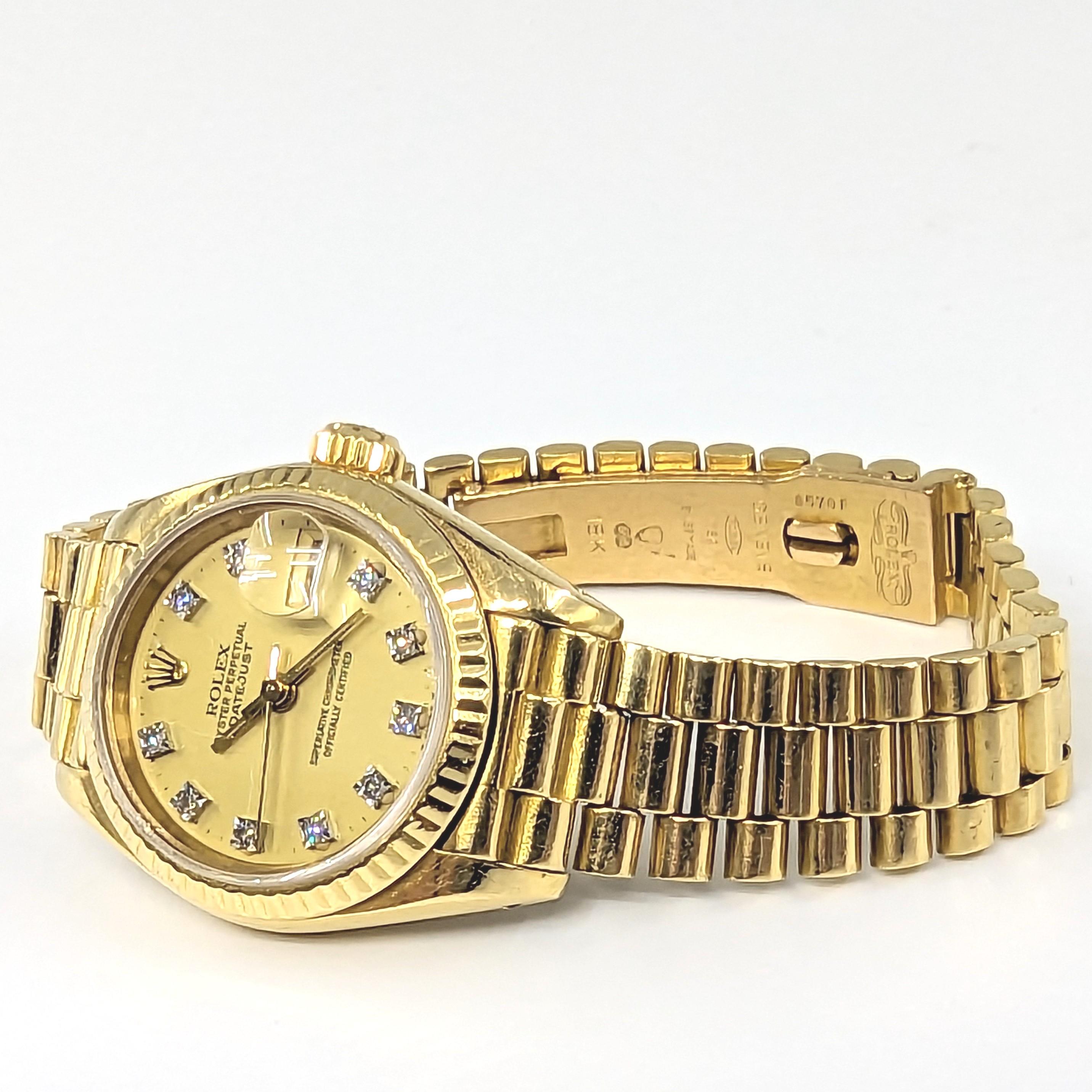 Montre-bracelet présidentielle Rolex 18 carats avec cadran en or massif et diamants, pour femmes, réf. 69178 Pour femmes en vente