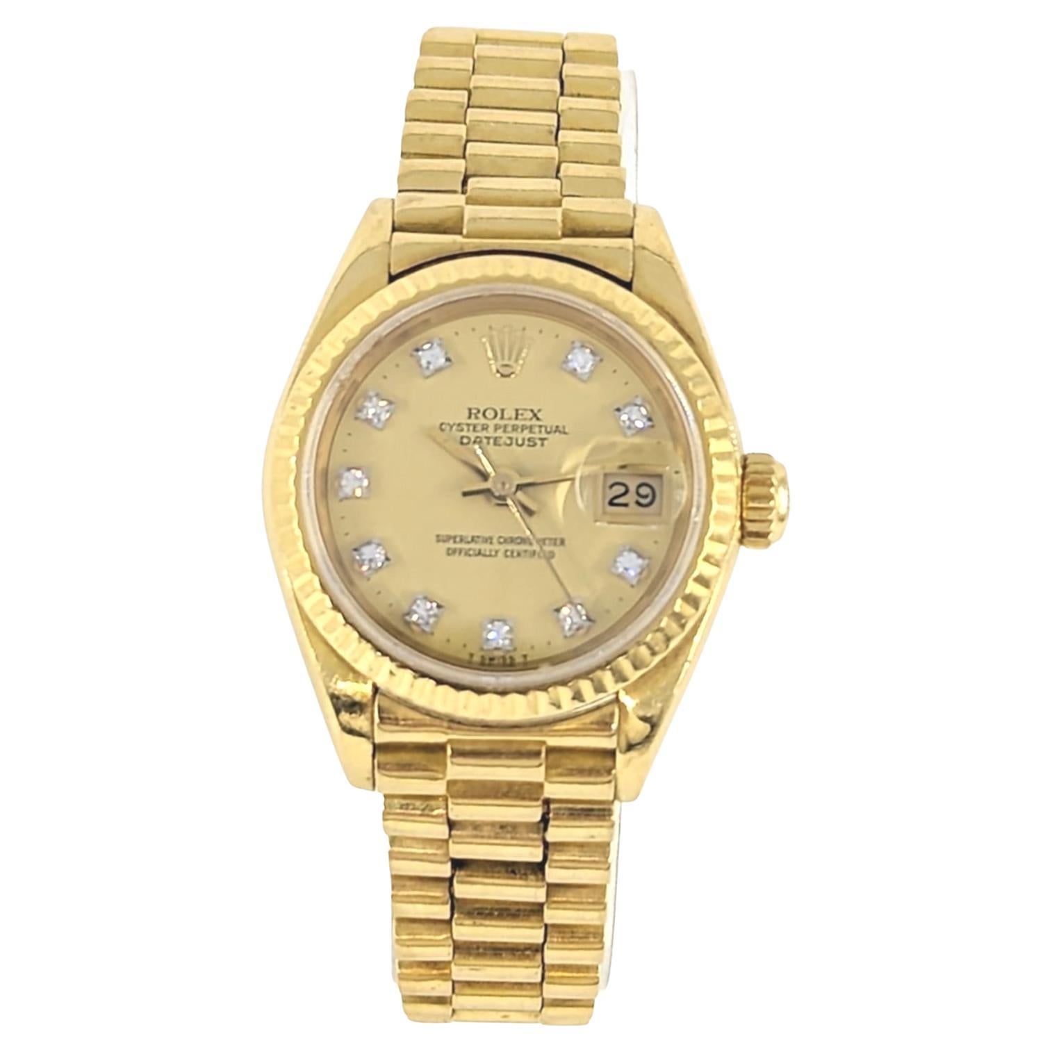 Ladies Rolex 18k Presidential Bracelet Watch Solid Gold Diamond Dial ref 69178 For Sale