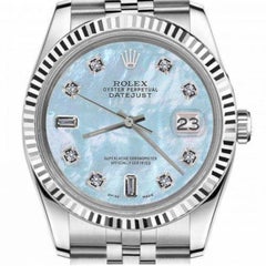 Rolex Ladies Datejust Baby Blue MOP Mother of Pearl Baguette Diamond Watch 69160