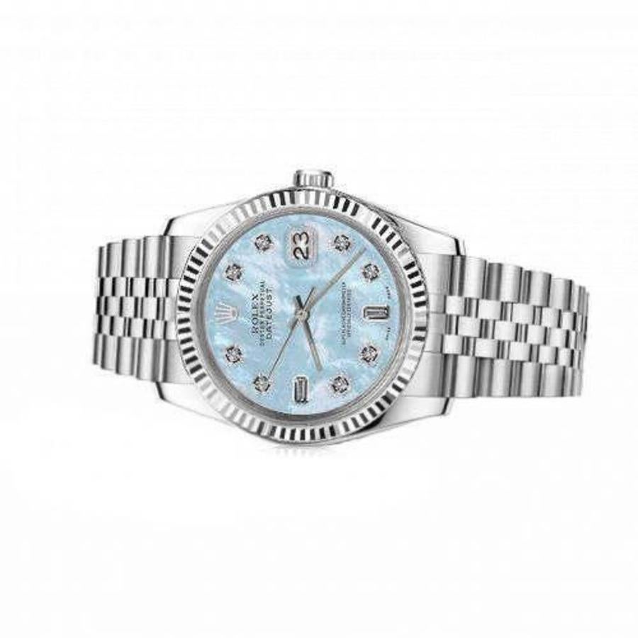 Rolex Damen Datejust Babyblaue MOP Perlmutt-Taschenuhr 69160 mit Diamanten (Baguetteschliff) im Angebot