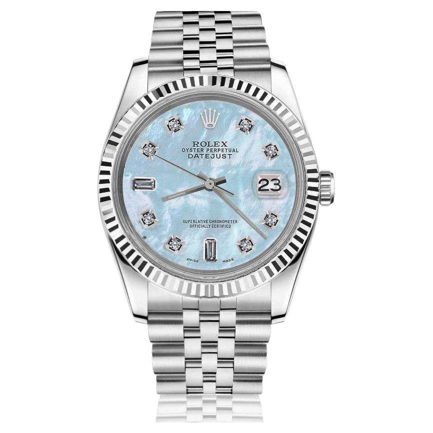 Rolex Ladies Datejust Baby Blue MOP Mother of Pearl Baguette Diamond Watch 69160 For Sale