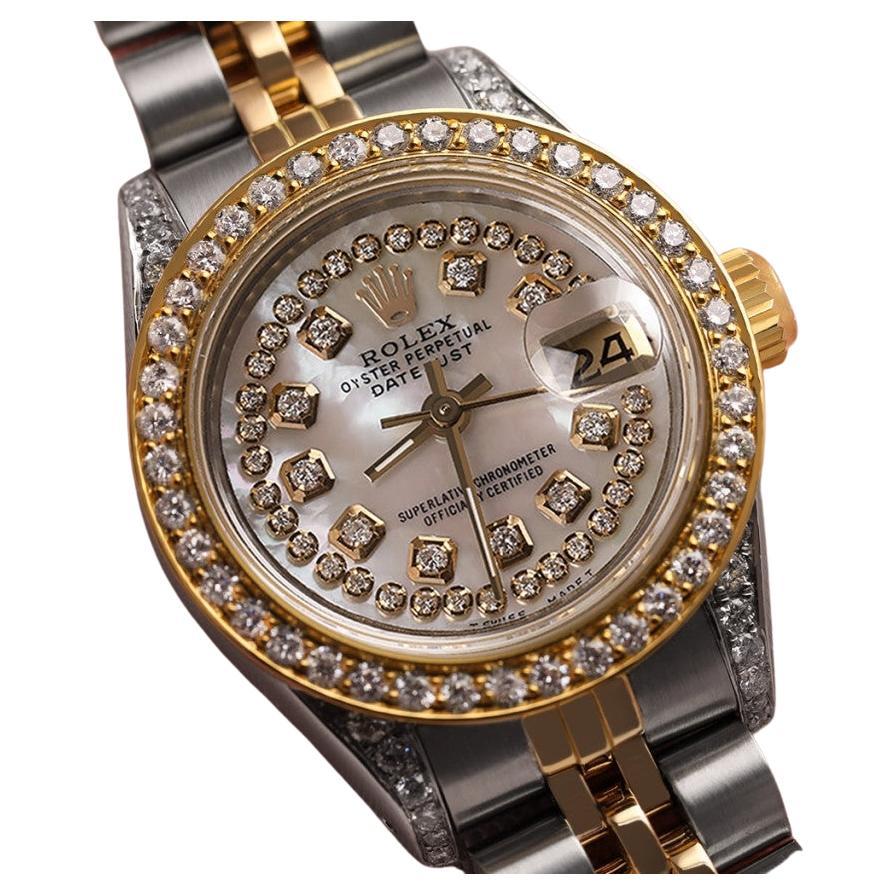 Ladies Rolex 26mm Datejust Two Tone Diamond Bezel & Lugs White MOP Watch 69173