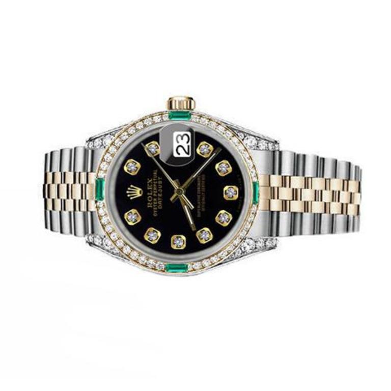 Ladies Rolex 26mm Datejust Two Tone Jubilee Black Color Dial Diamond Accent Bezel + Lugs + Emerald 69173