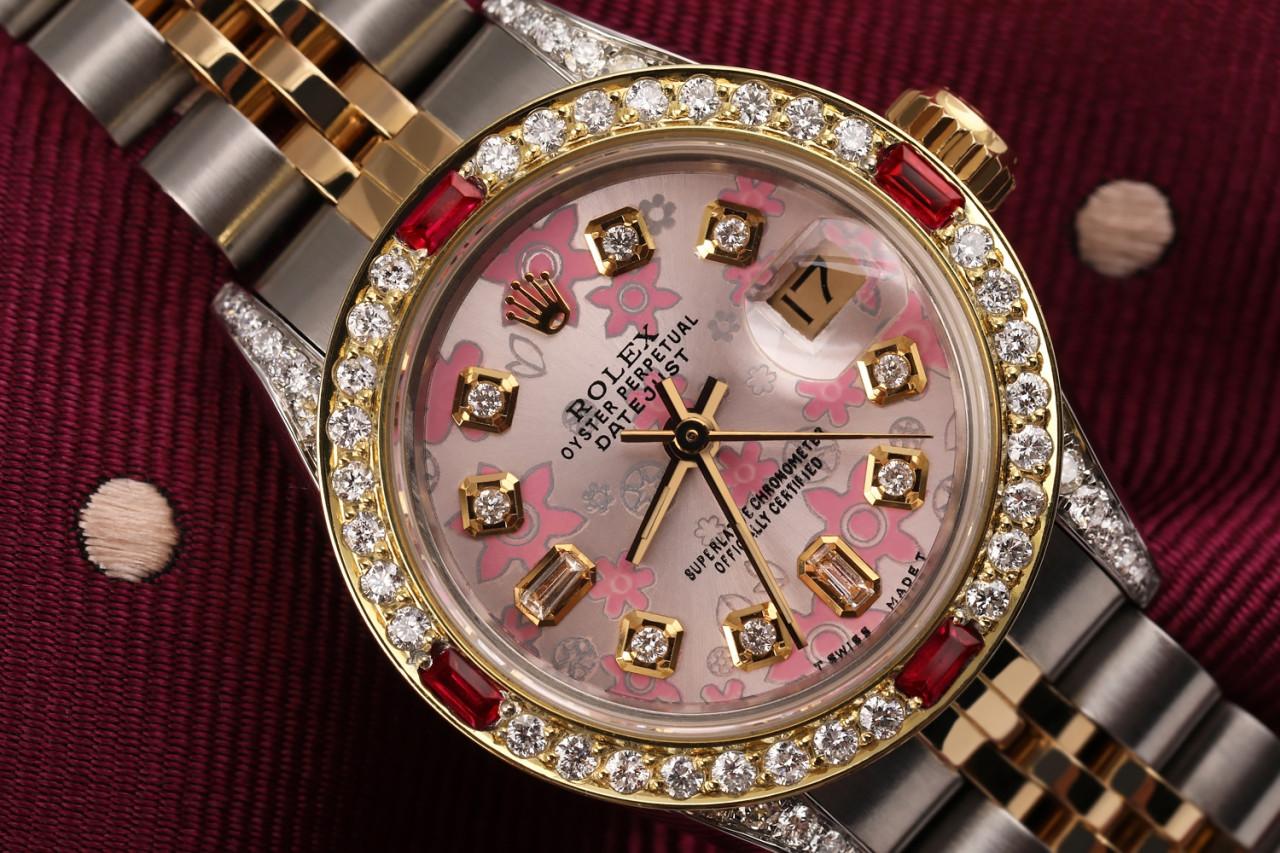 Round Cut Ladies Rolex 26mm Datejust Two Tone Jubilee Glossy Pink Flower Dial 69173 For Sale