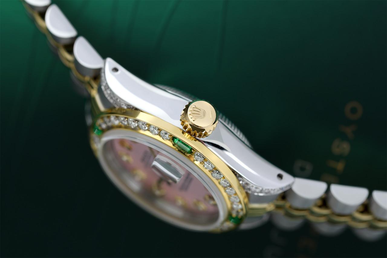 Damen Rolex 26mm Datejust zwei Ton Jubiläum metallisch rosa Diamant Zifferblatt Lünette + Lugs + Smaragd 69173

